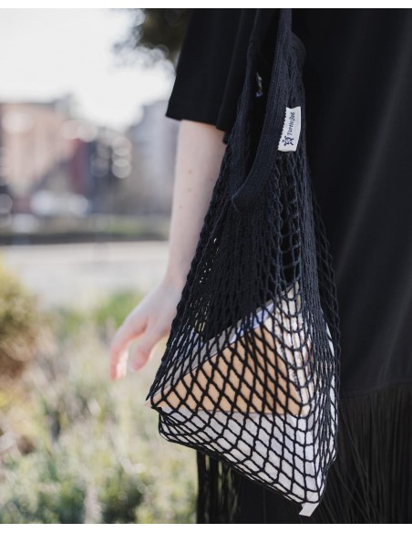 Bolsa de red de algodón ecológico - Asa corta - Negro